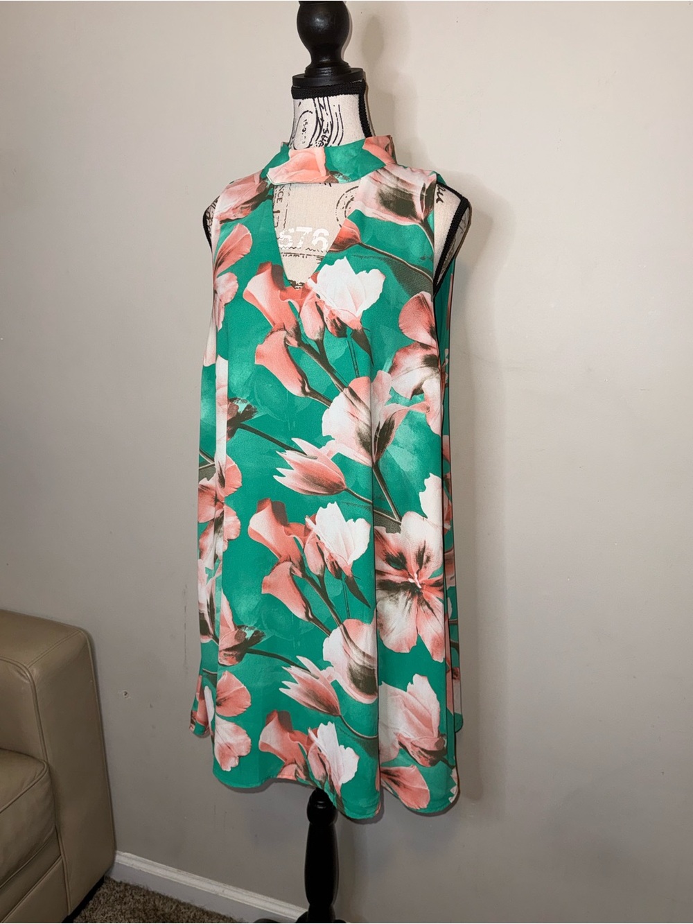 Peach Love California Teal Floral Halter Dress - Size Large - Picture 5 of 8